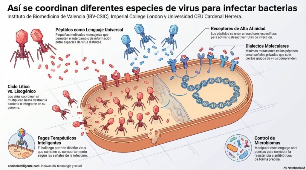 Los fagos o bacteriófagos —virus que infectan bacterias— podrían desarrollar comportamientos sociales entre especies mediante pequeñas moléculas mensajeras denominadas péptidos. 