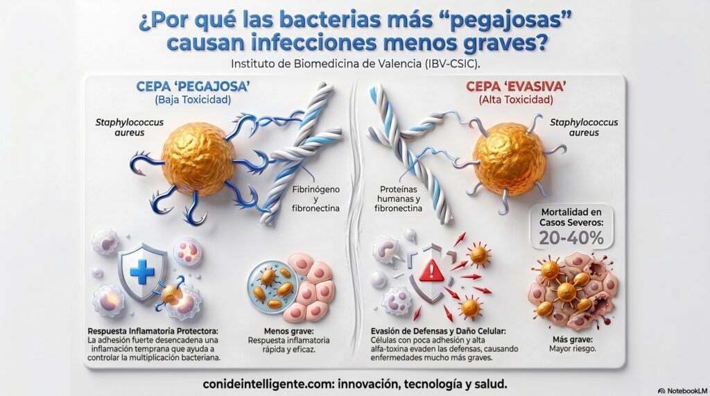 ¿Por qué las bacterias más "pegajosas" causan infecciones menos graves? El Instituto de Biomedicina de Valencia (IBV-CSIC) revela que la capacidad de la bacteria Staphylococcus aureus para adherirse a proteínas del organismo y producir toxinas determina la gravedad de la infección sanguínea.