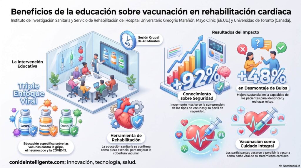 Un estudio realizado entre pacientes, que incluye educación específica sobre vacunación en programas de rehabilitación cardiaca, mejora de forma muy significativa el conocimiento y la percepción que tienen sobre las vacunas contra la gripe, el neumococo y la COVID-19.