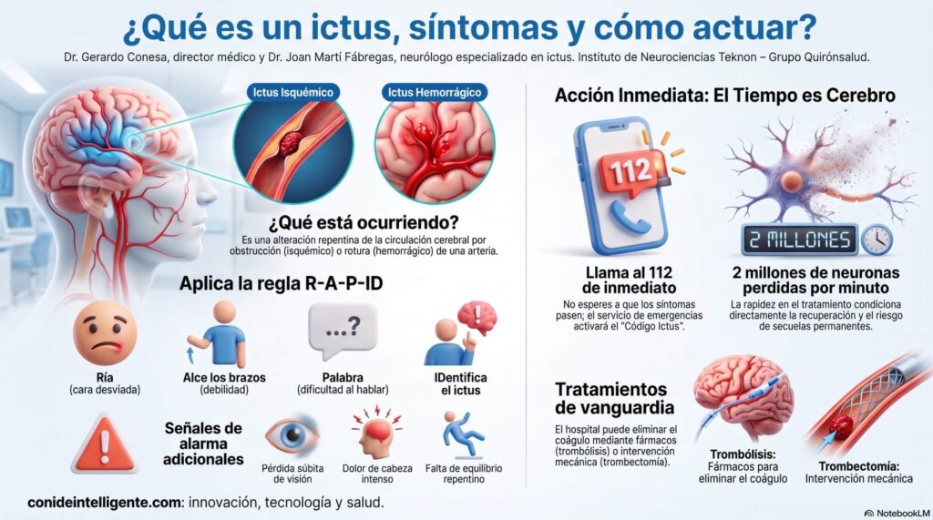 El ictus es una emergencia médica que aparece de forma brusca y requiere actuar con rapidez, ya que los tratamientos disponibles son más eficaces cuanto antes de administren.