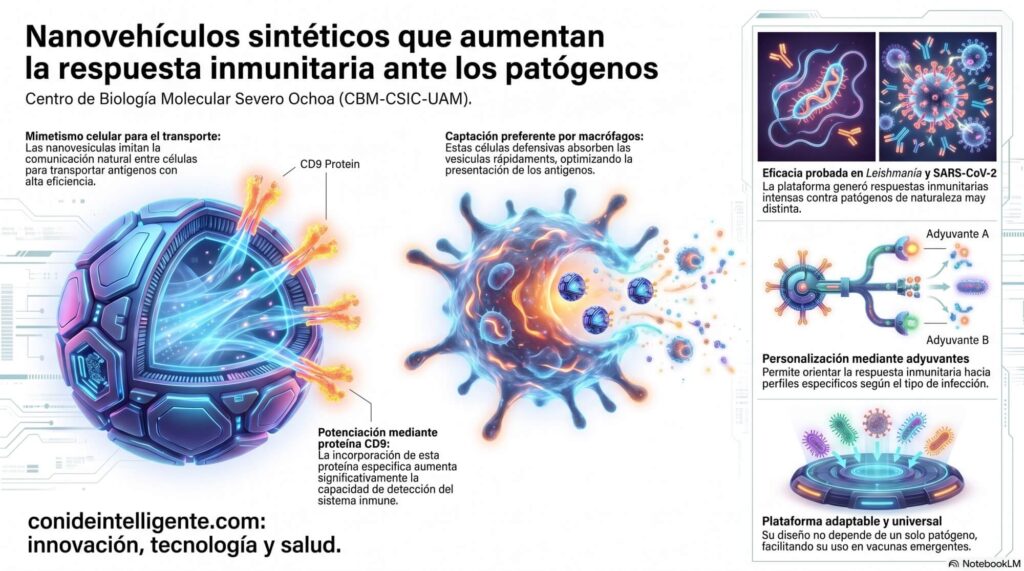 Un trabajo del Centro de Biología Molecular Severo Ochoa (CBM-CSIC-UAM) ha desarrollado una nueva plataforma de vacunas basada en nanovesículas sintéticas que imitan el comportamiento de las vesículas extracelulares que las utilizan para comunicarse entre sí. 