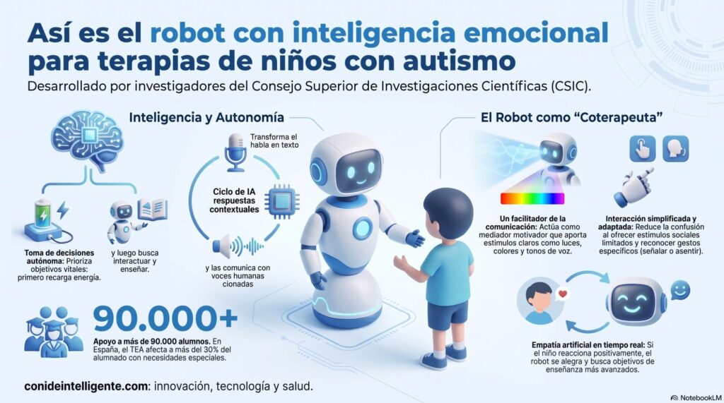 El dispositivo emplea modelos matemáticos e IA para tomar decisiones de forma autónoma y expresar emociones propias en función de la interacción con los menores, con el objetivo de mejorar su comunicación social y estado de ánimo. 