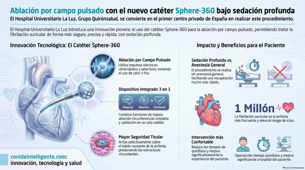 Esta tecnología permite tratar la fibrilación auricular mediante procedimientos más rápidos y precisos, evitando además la anestesia general.
El Hospital Universitario La Luz, Grupo Quirónsalud, se convierte en el primer centro privado de España en realizar este procedimiento.