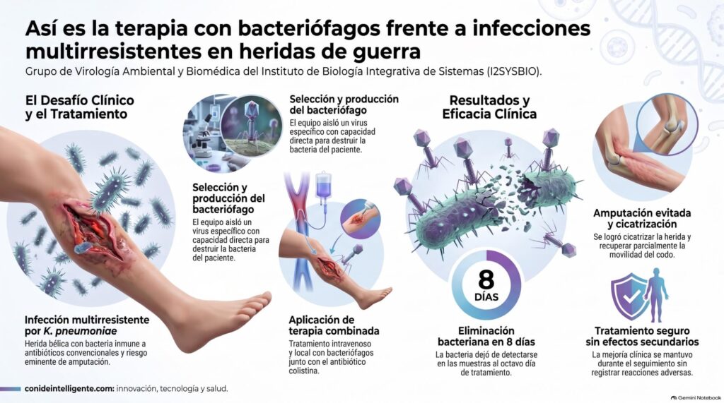 Se trata del tratamiento de un paciente que, tras sufrir graves heridas durante un conflicto bélico y someterse a varias intervenciones quirúrgicas, desarrolló una infección causada por Klebsiella pneumoniae multirresistente. 